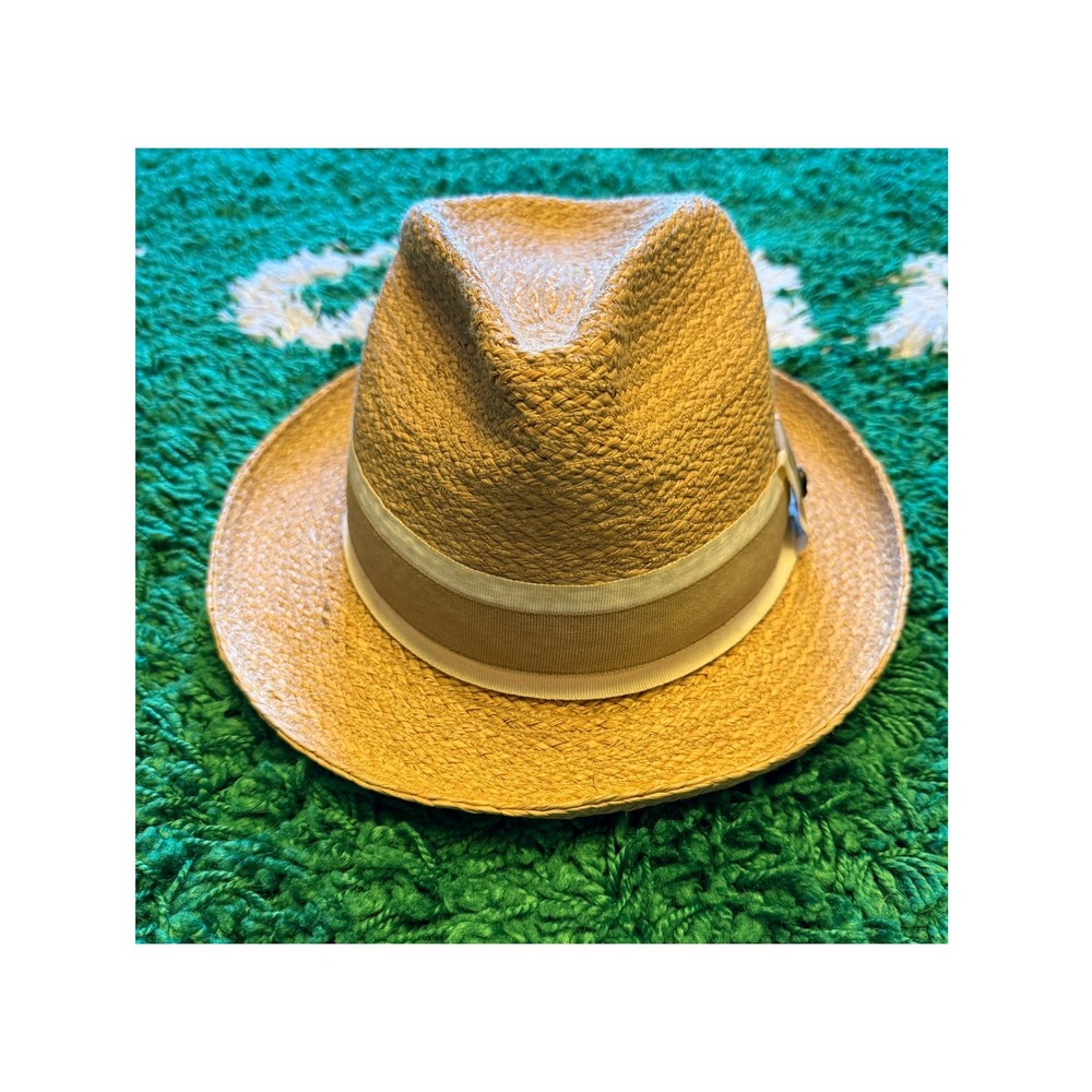 Robert Graham Fedora Hat Mens L/XL Tan Excellent Straw Skull Pin Striped Band